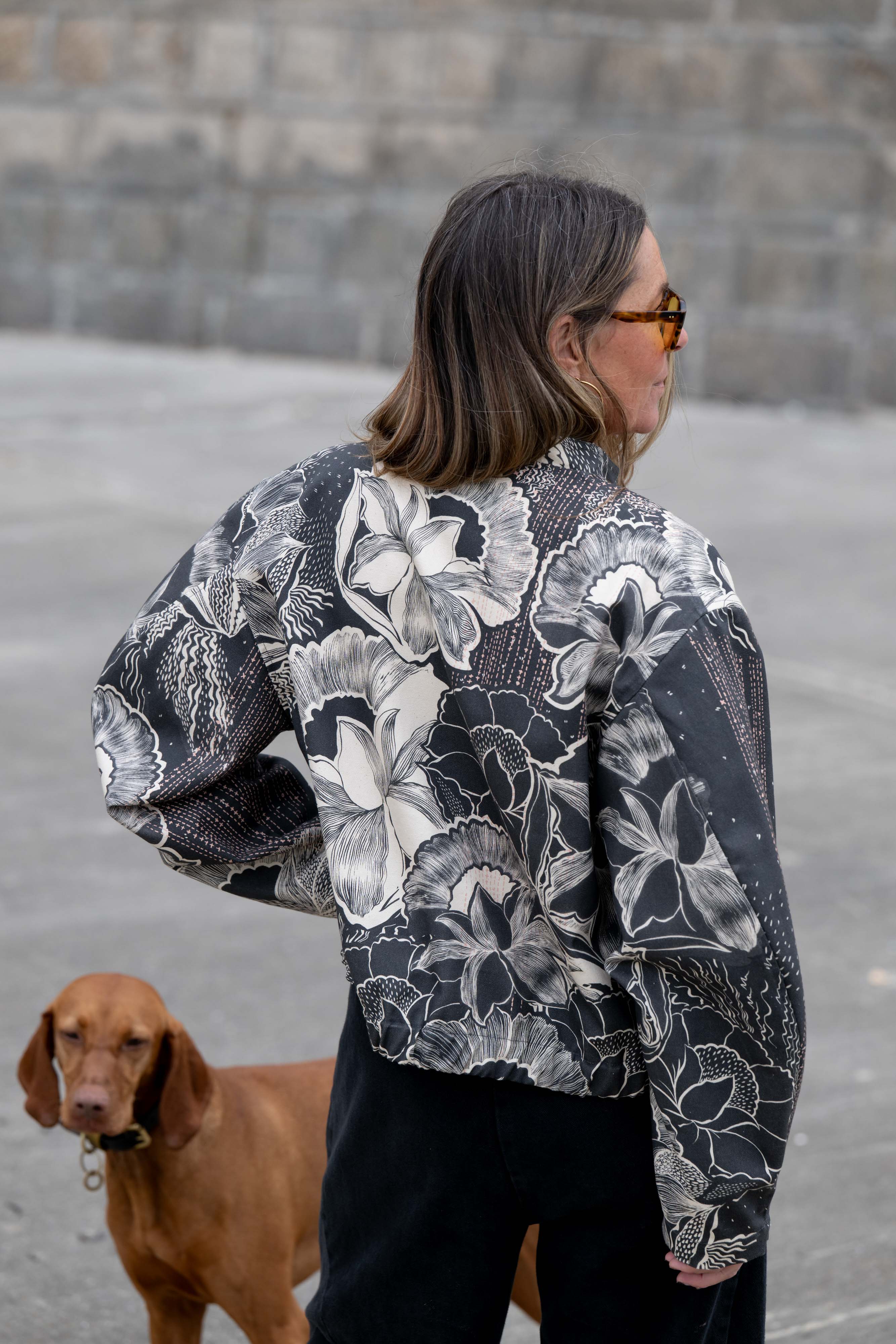 Womens black cotton bomber jacket floral print organic cotton lightweight summer jacket UK