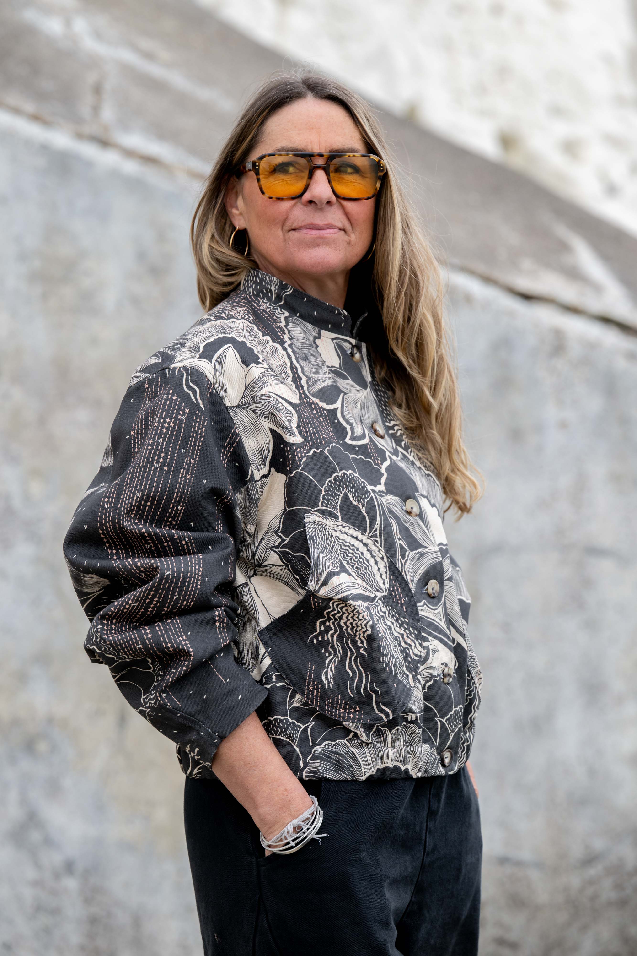 Womens cotton bomber jacket black floral print organic cotton tulip sleeve detail Sophie Darling