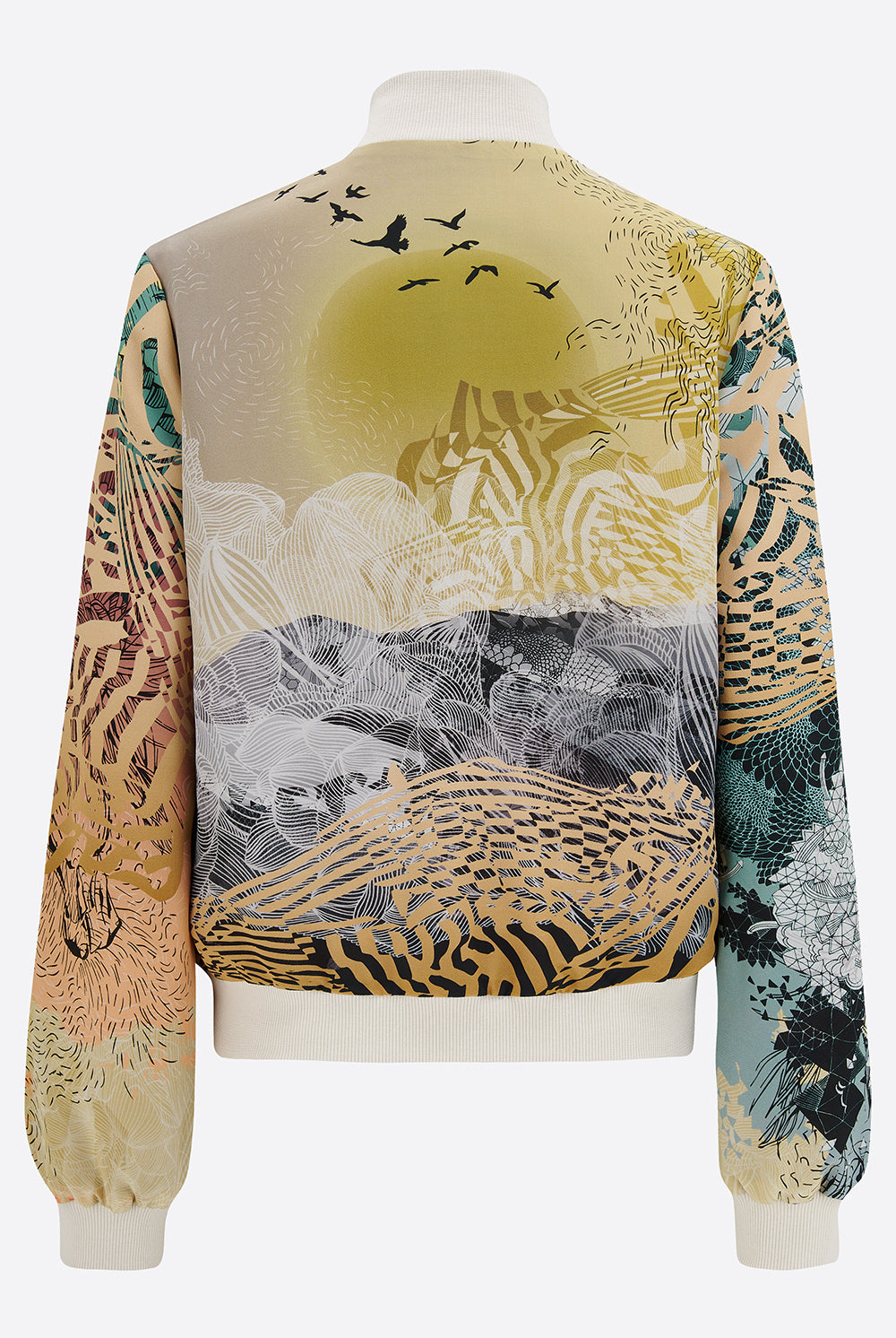 Back of silk bomber jacket in muted yellows and greens with a mountain landscape and sunrise design