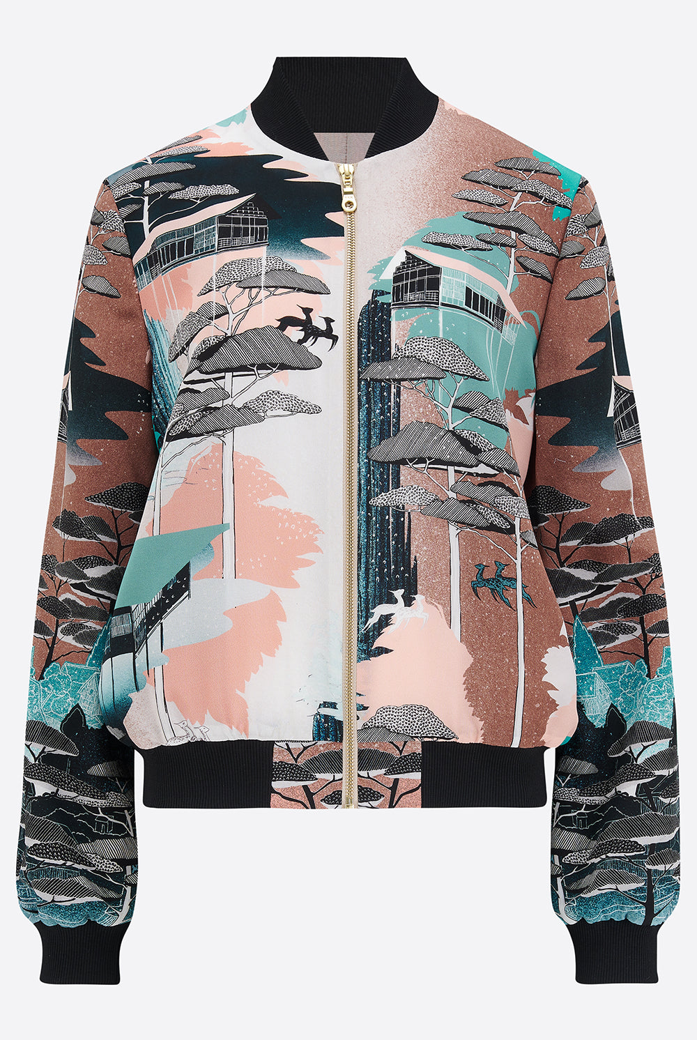 The front of a printed silk bomber jacket in green, coral and browns 