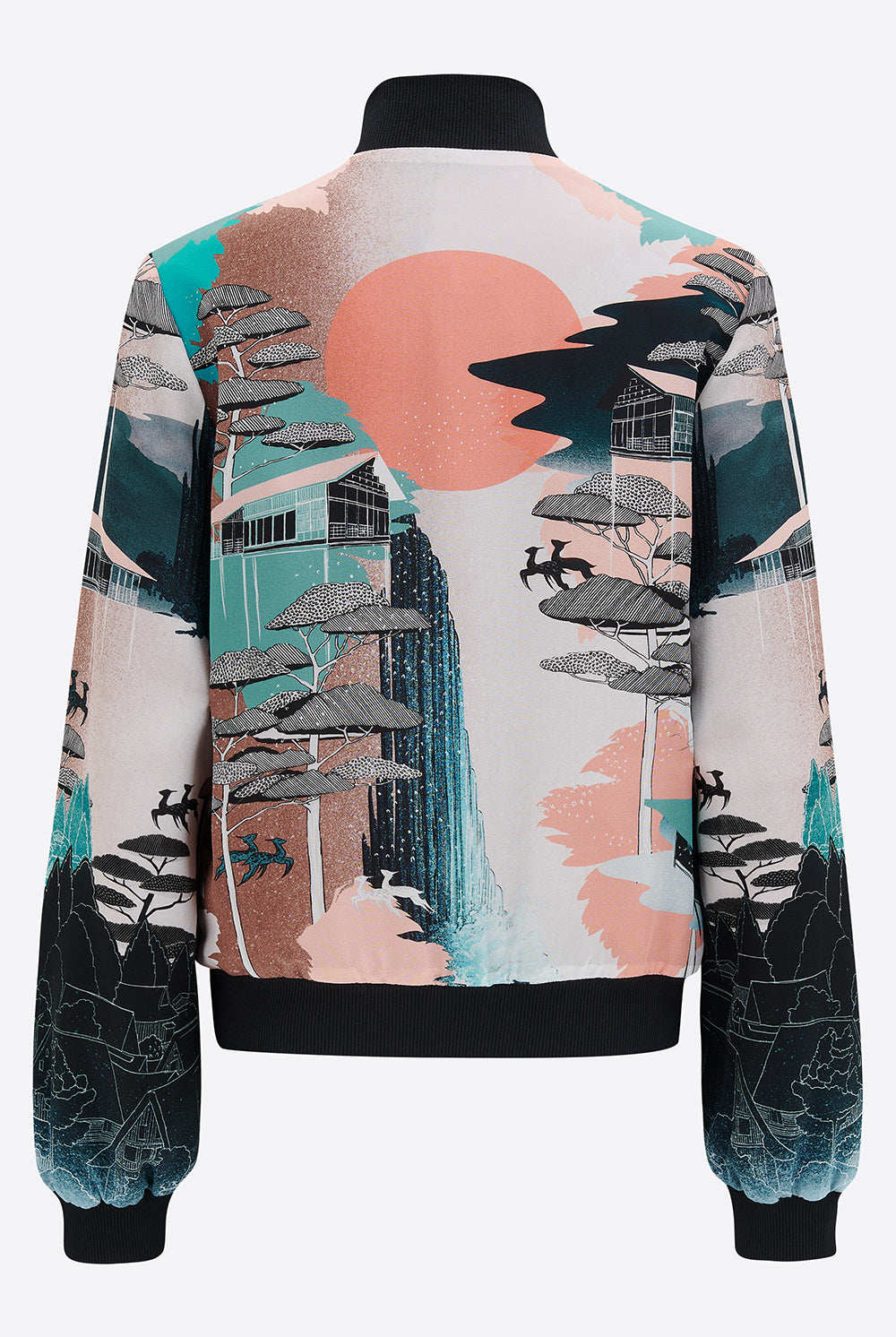 The back of a printed silk bomber jacket in green, coral and browns 