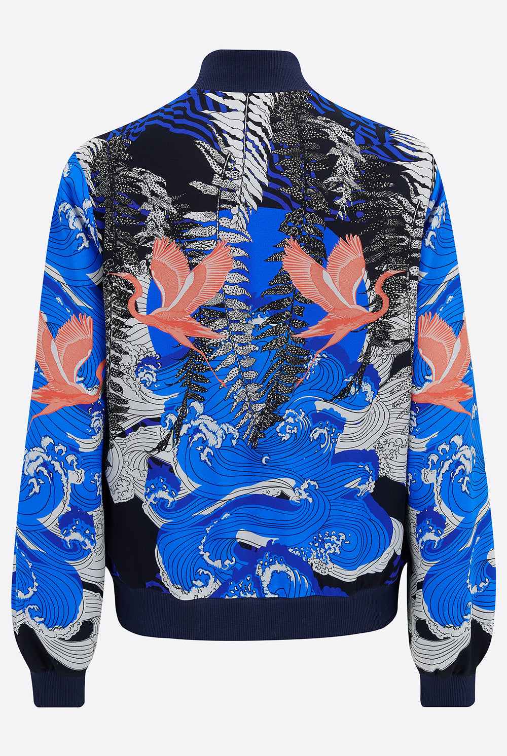Back of silk bomber jacket in blue, white and coral with waves and birds design