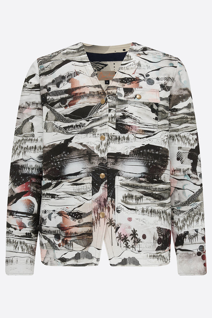 The front of a mens utility jacket with Japanese-inspired landscapes print in white, black and red