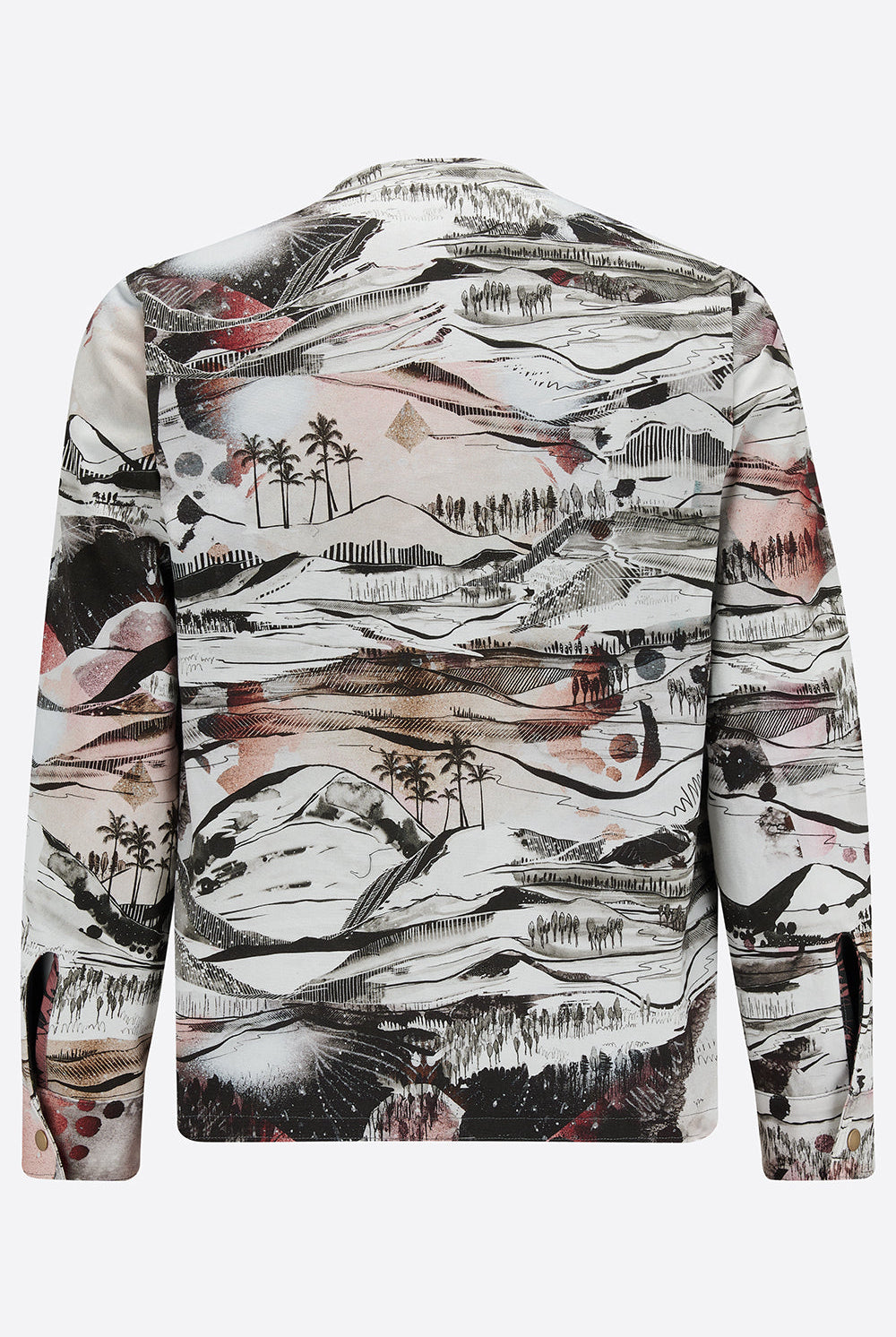 The front of a mens utility jacket with Japanese-inspired landscapes print in white, black and red