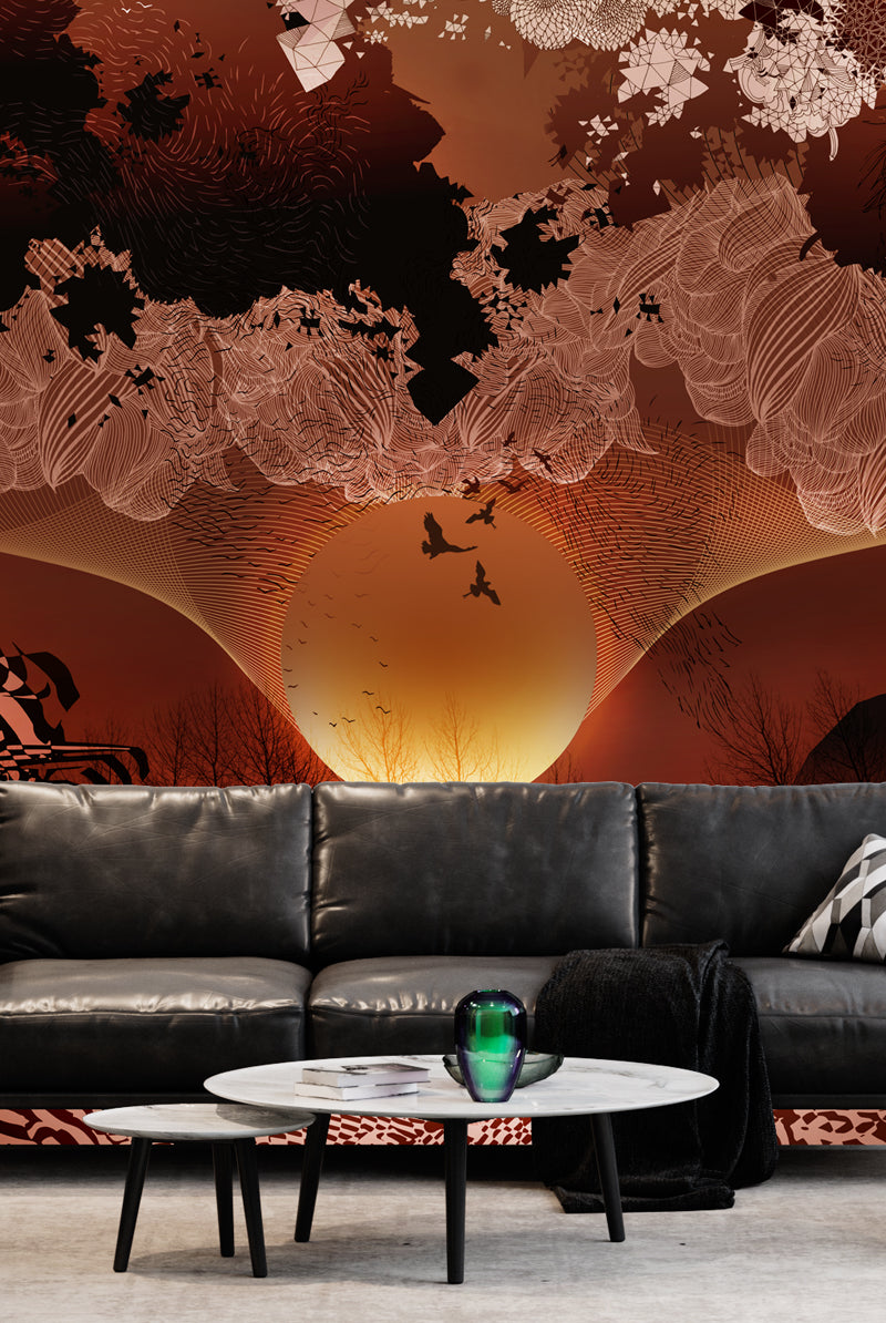 Mural wallpaper in situ in deep reds and oranges with a sunset design 