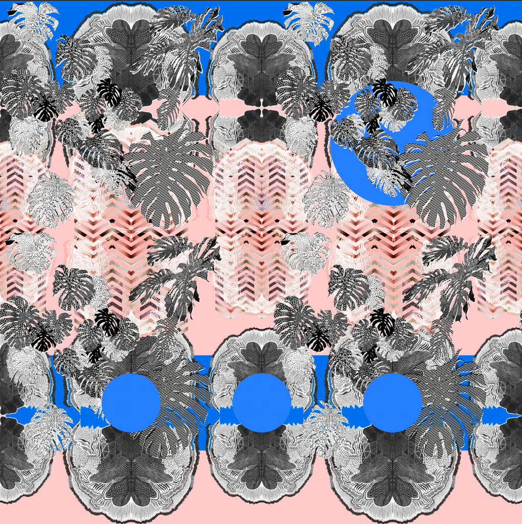 A print with pink geometric shapes, blue circles and monochrome tropical print