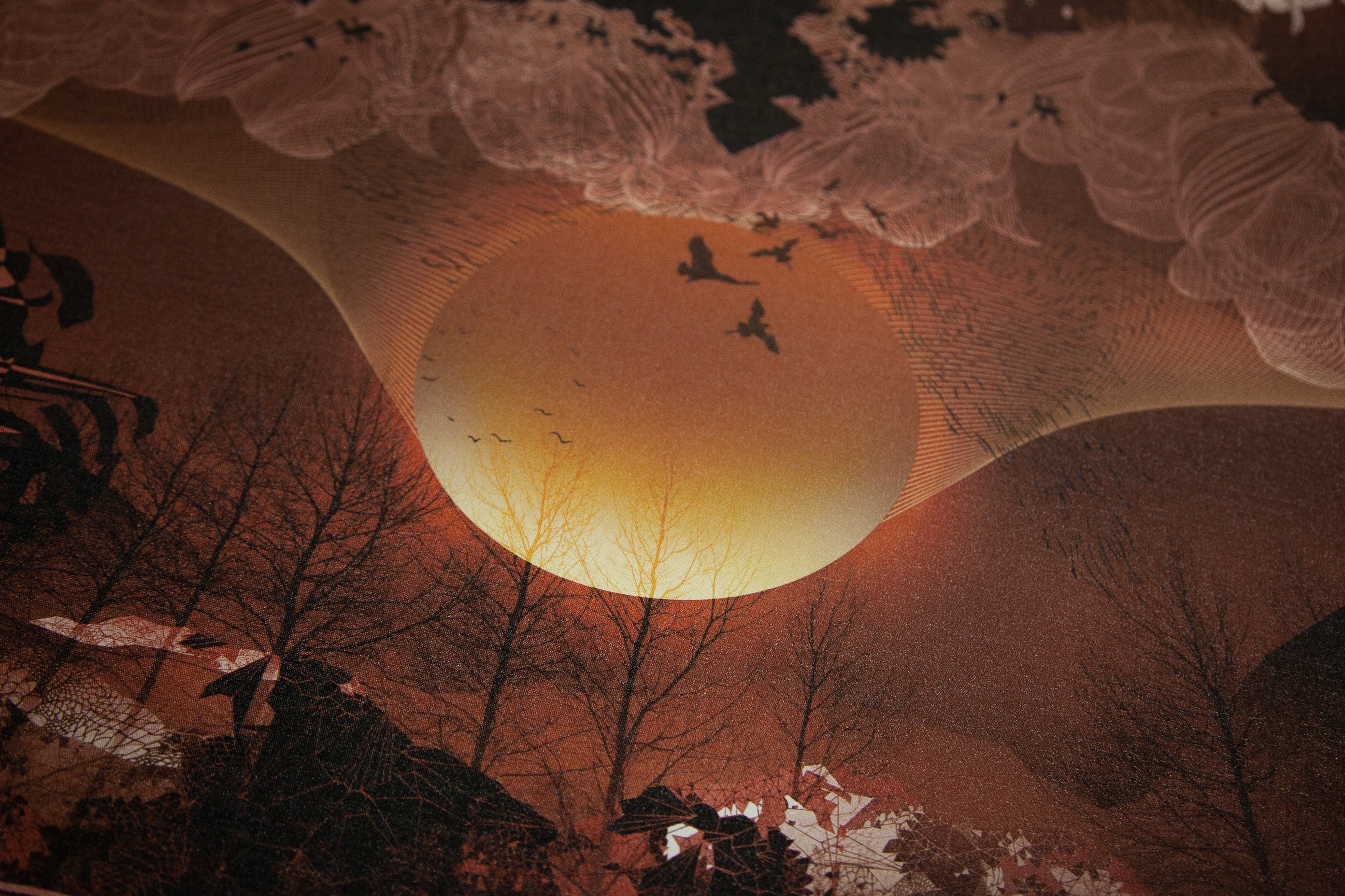 Close up of Autumn Moon mural wallpaper showing linen texture