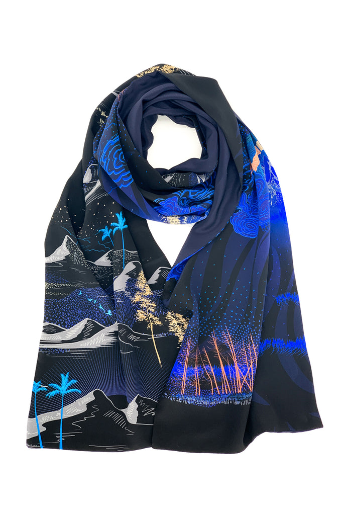 A printed silk scarf in black and blue