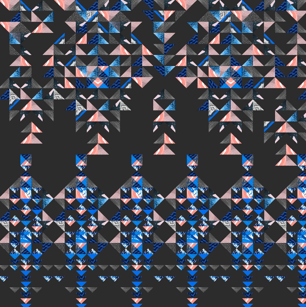 A geometric print with repeating collaged triangles in blue and pink with a black background 