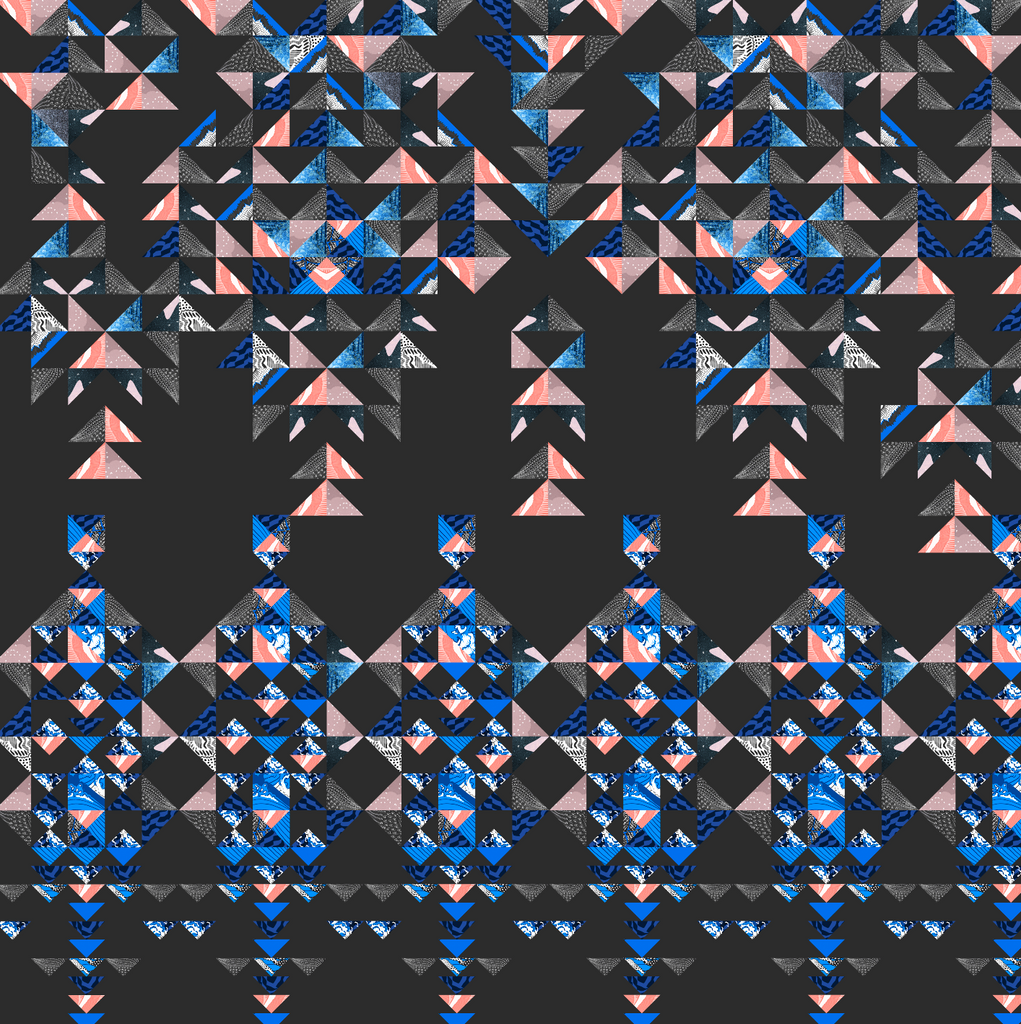 Full size image of a geometric print in pink and blue with a dark grey background
