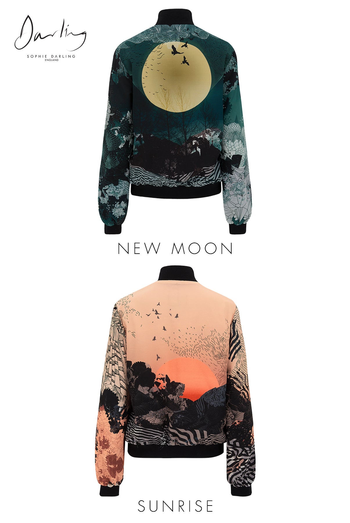 An image showing two reversible silk bomber jacket options, one in New Moon and one in Sunrise