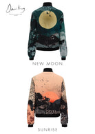 An image showing two reversible silk bomber jacket options, one in New Moon and one in Sunrise