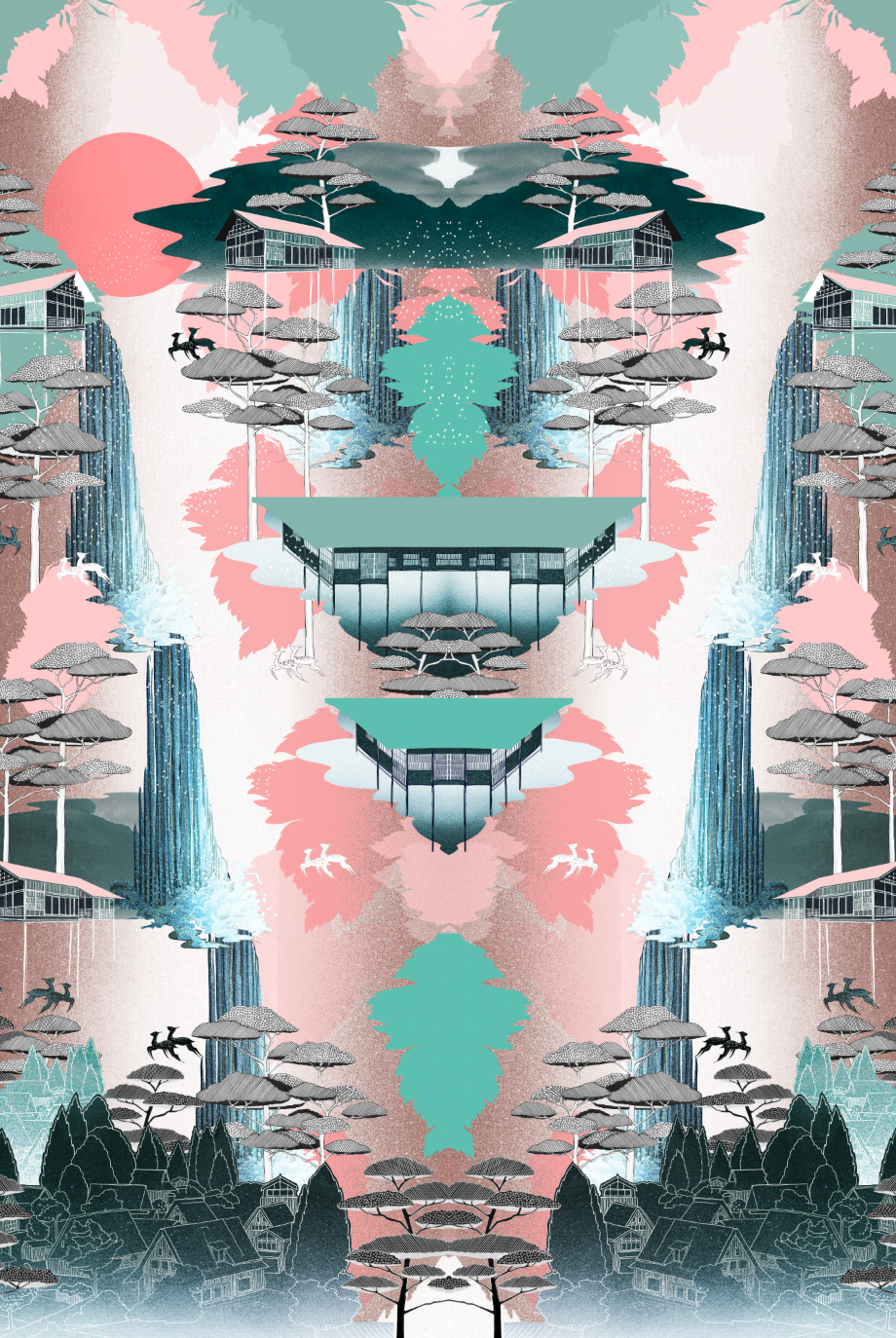 Full size Nara print design showing Japanese inspired landscape in green, coral and browns