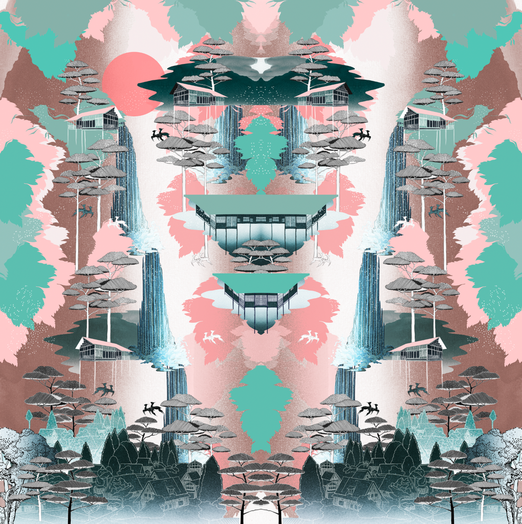 Full size Nara print design showing Japanese inspired landscape in green, coral and browns