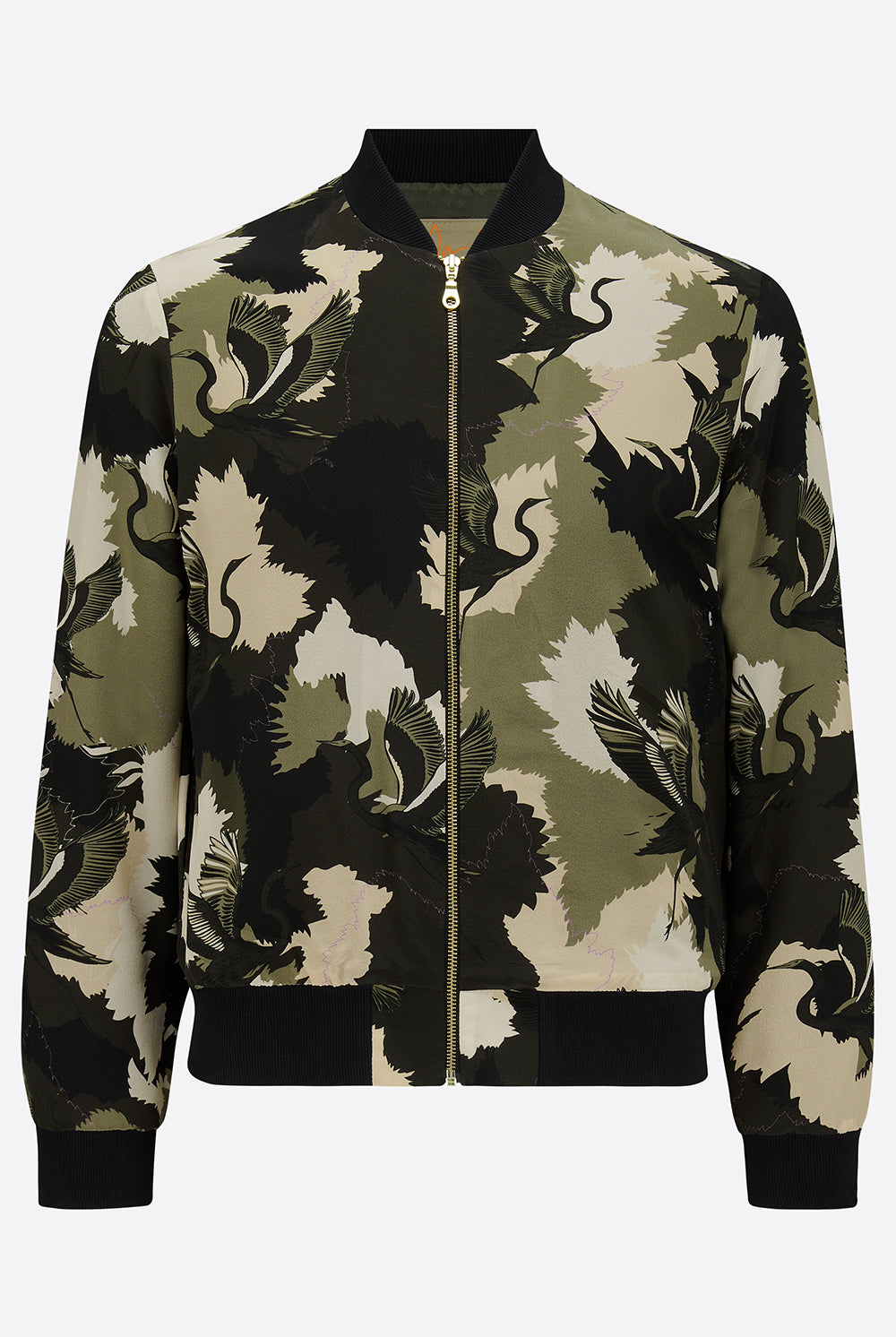 The front of a silk mens bomber jacket in a cream and green camouflage print with a stalk design