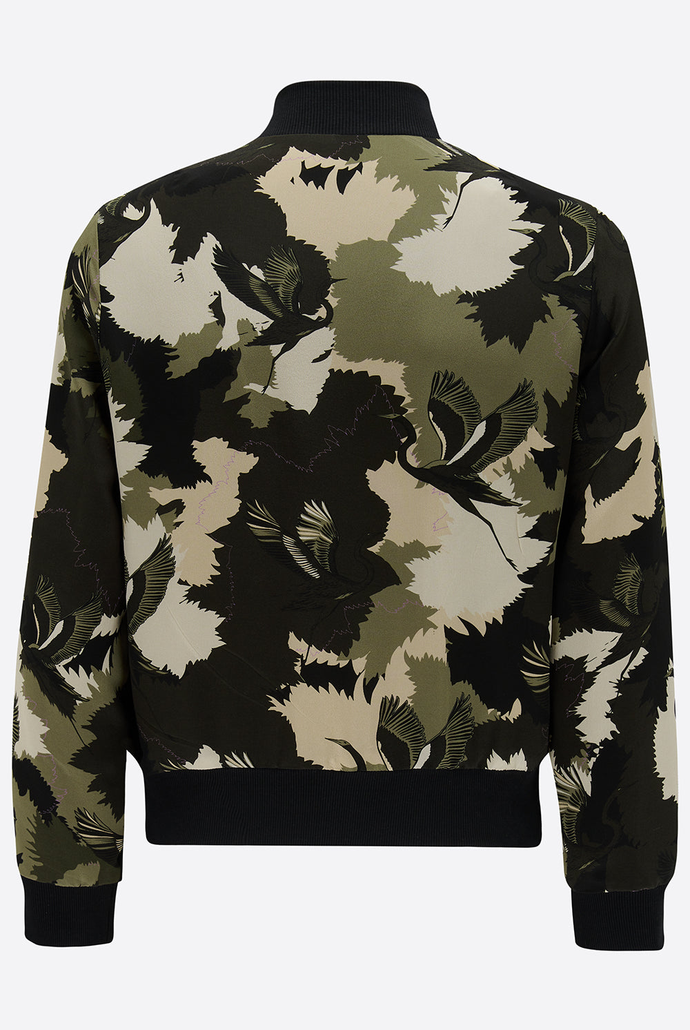 The back of a silk mens bomber jacket in a cream and green camouflage print with a stalk design