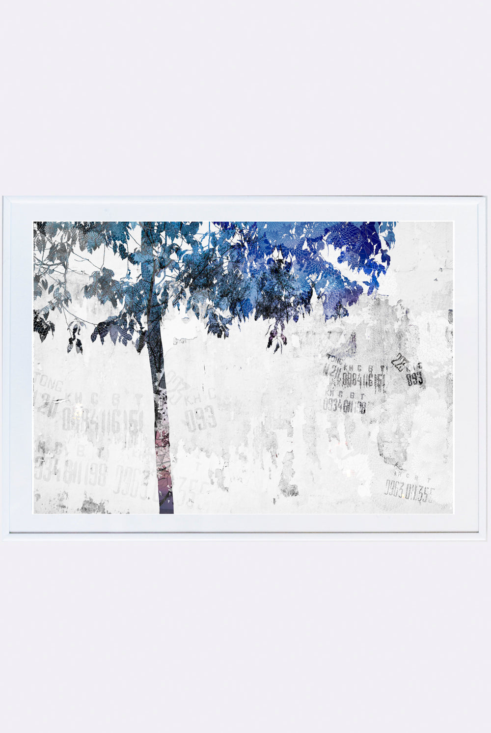 A giclee layered tree print in blue and white