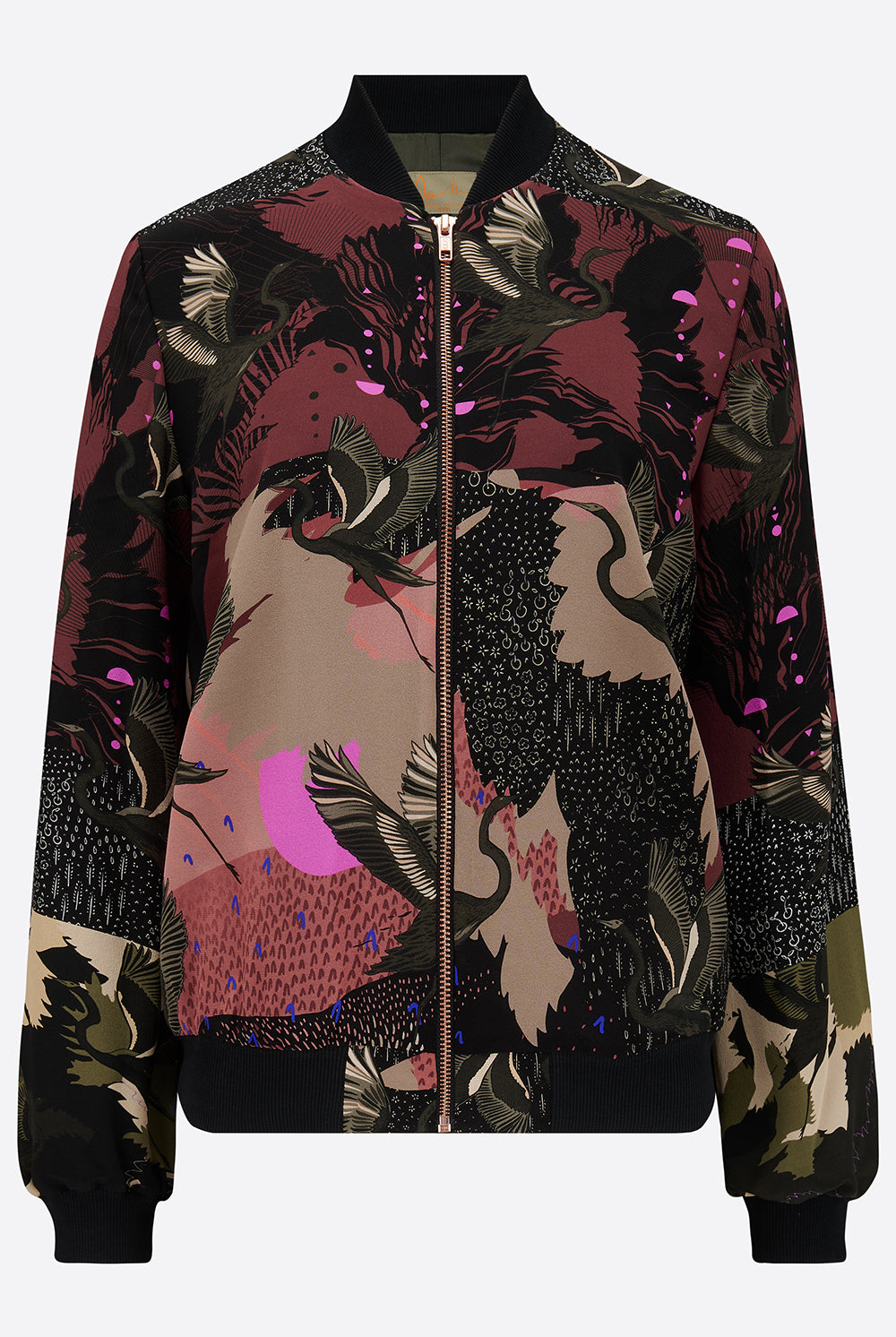 A silk printed bomber jacket in black and pink