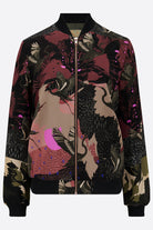 A silk printed bomber jacket in black and pink