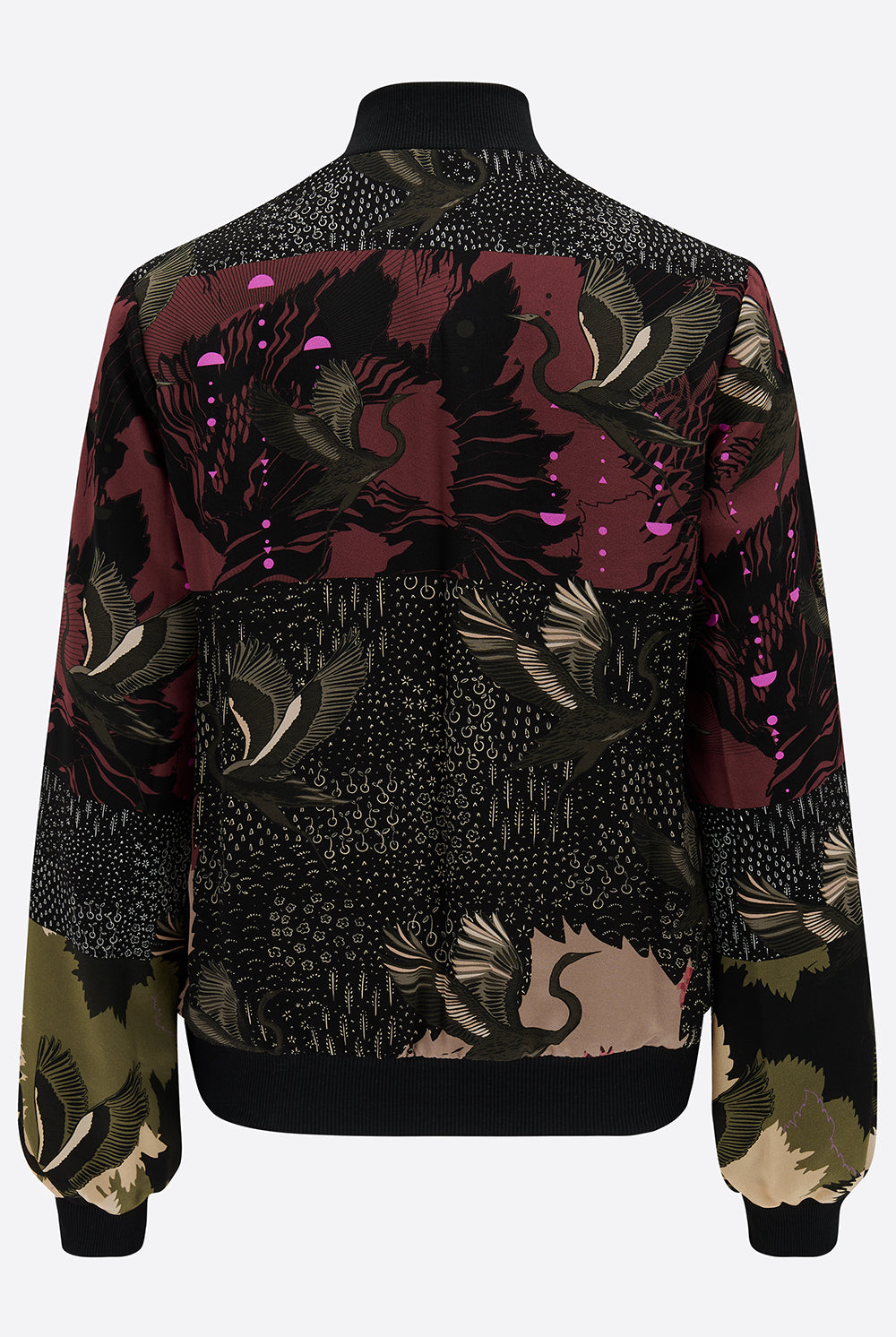 The black of a silk printed bomber jacket in black and pink