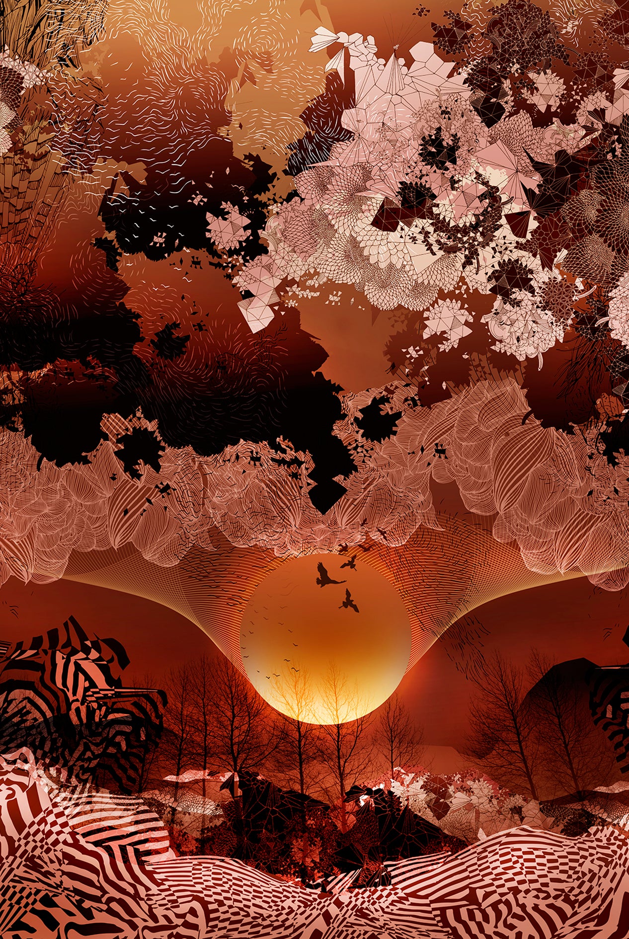 Full size print of Autumn Moon with deep reds and oranges, a sunset design and geometric patterns