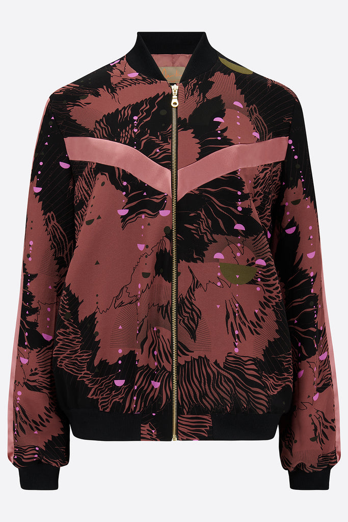 A silk printed bomber jacket in black and pink