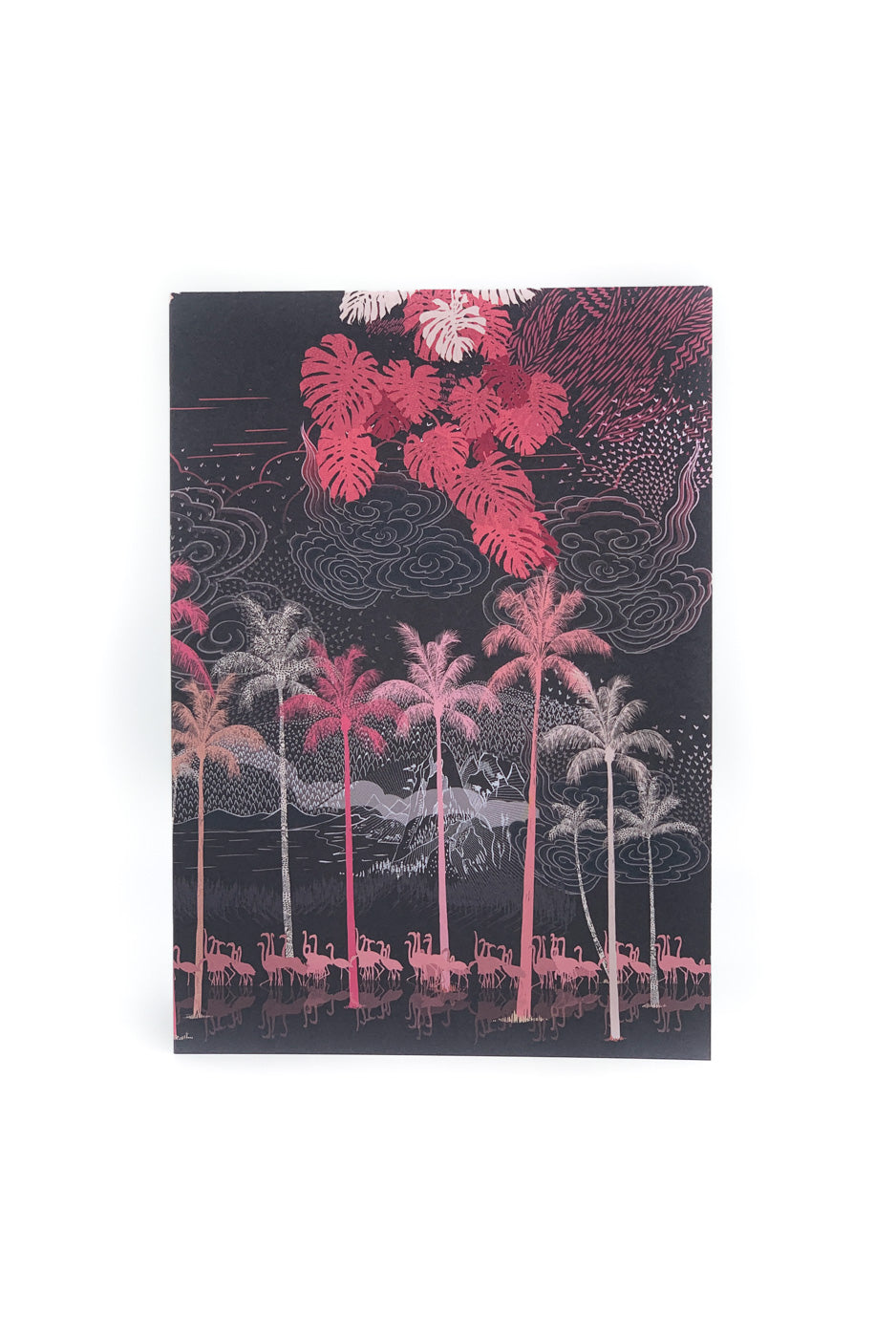 A printed greeting card in pink and black