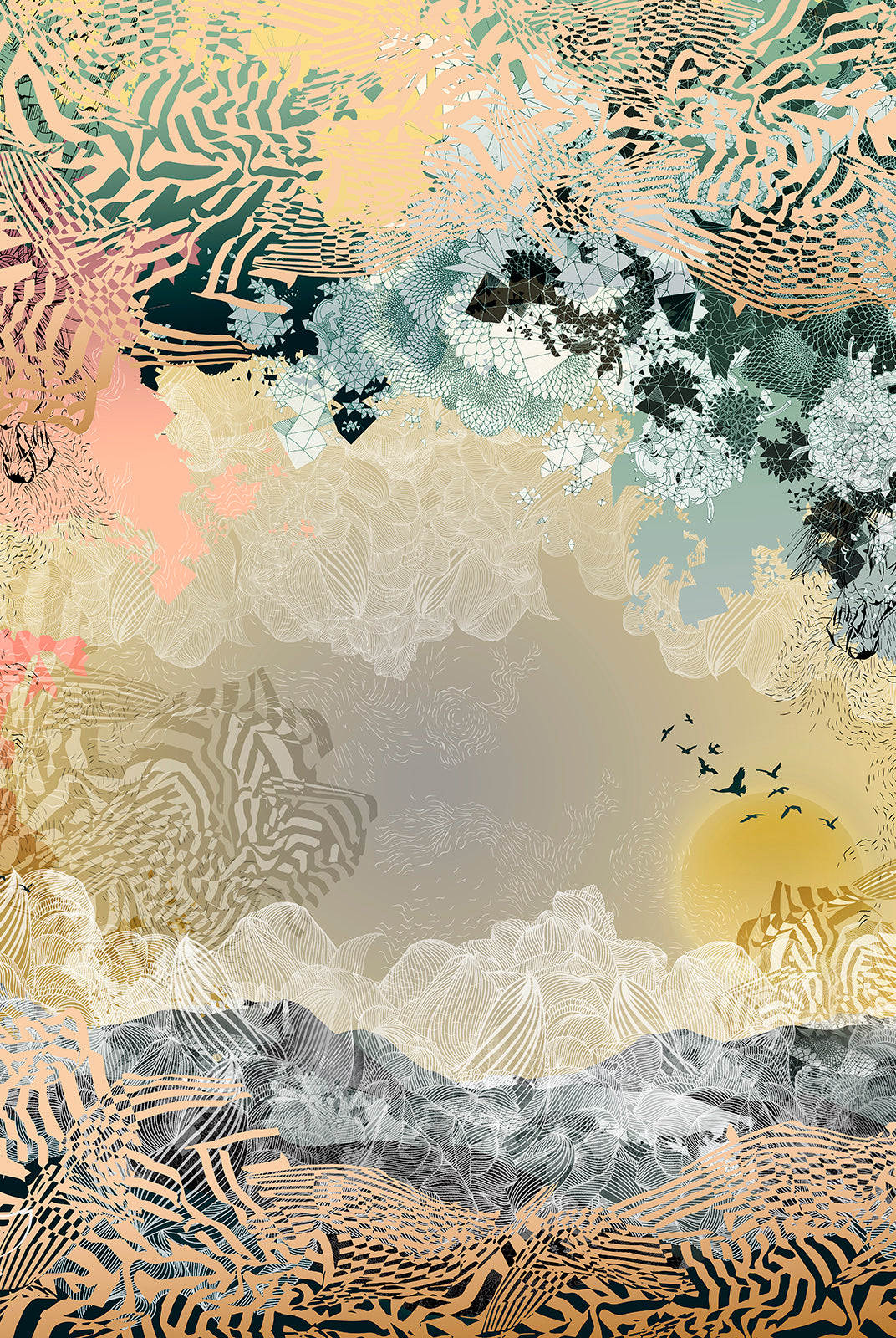 Full size print of a sunrise design in muted yellows, greens and coral