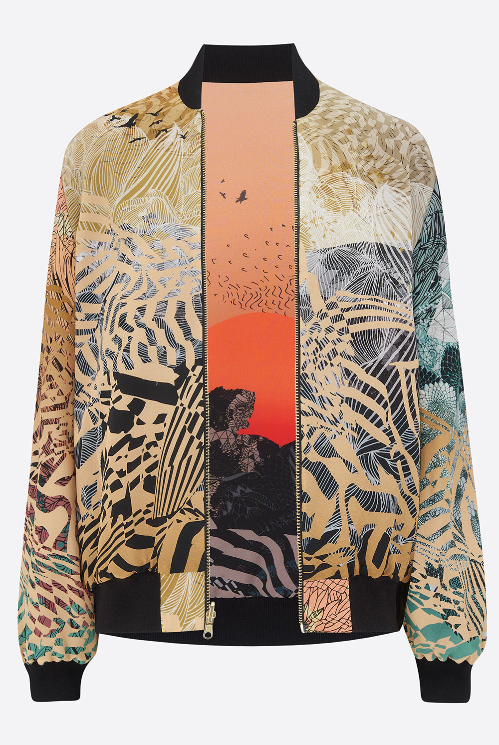 An open reversible silk bomber jacket with an orange sunrise on one side and yellow patter on other