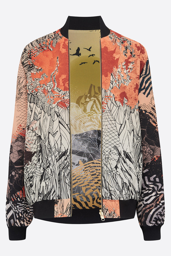 A silk printed bomber jacket with a yellow and orange landscape