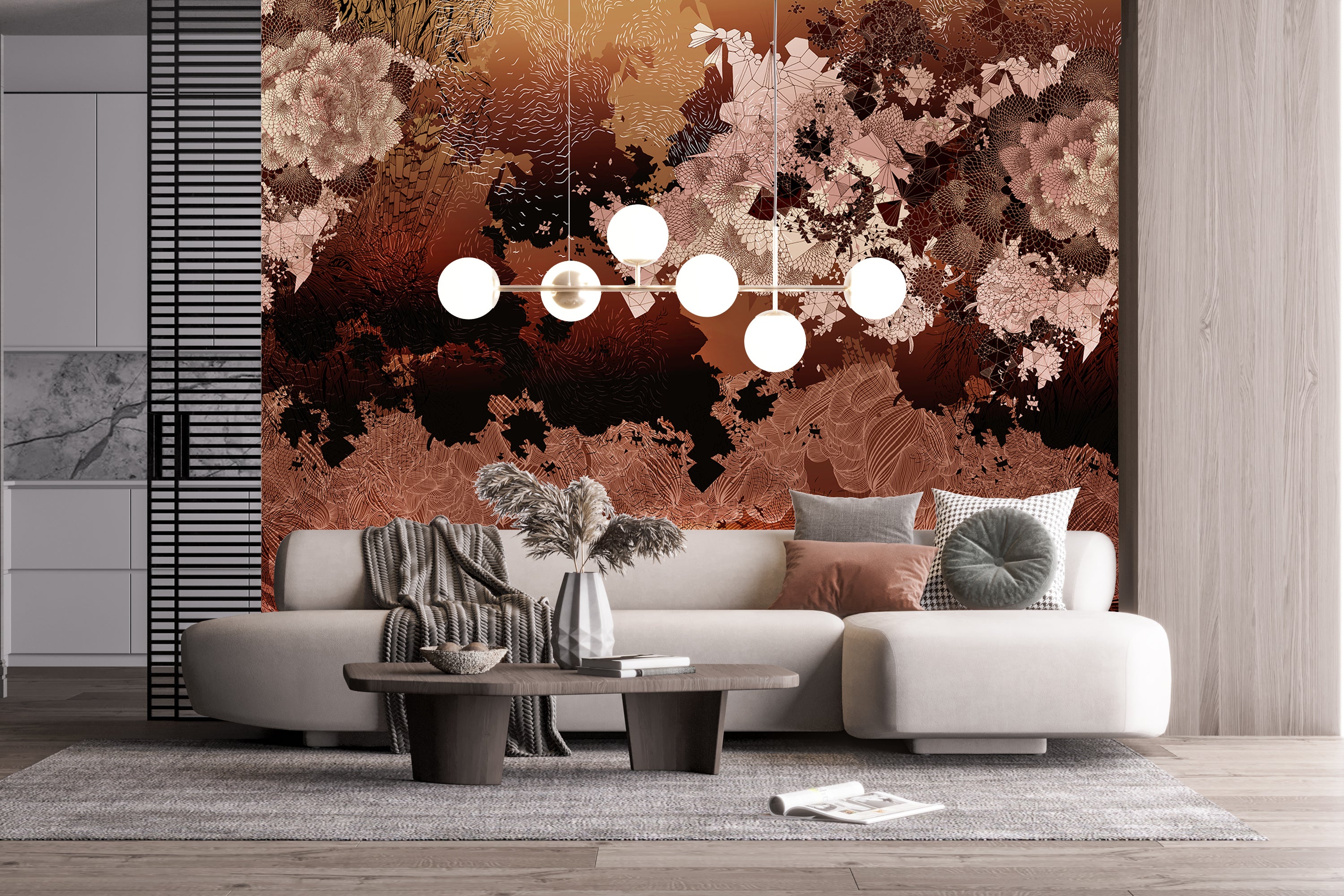 Mural wallpaper in situ in deep reds and oranges with geometric floral design