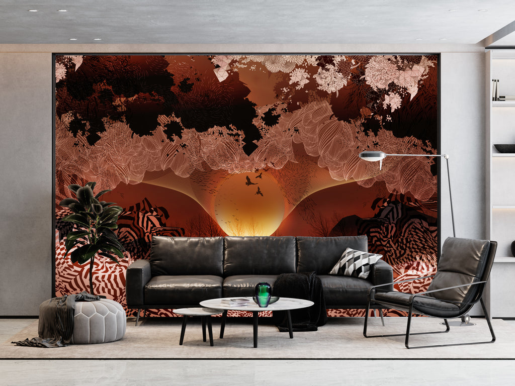 Mural wallpaper in situ in deep reds and oranges with a sunset design 