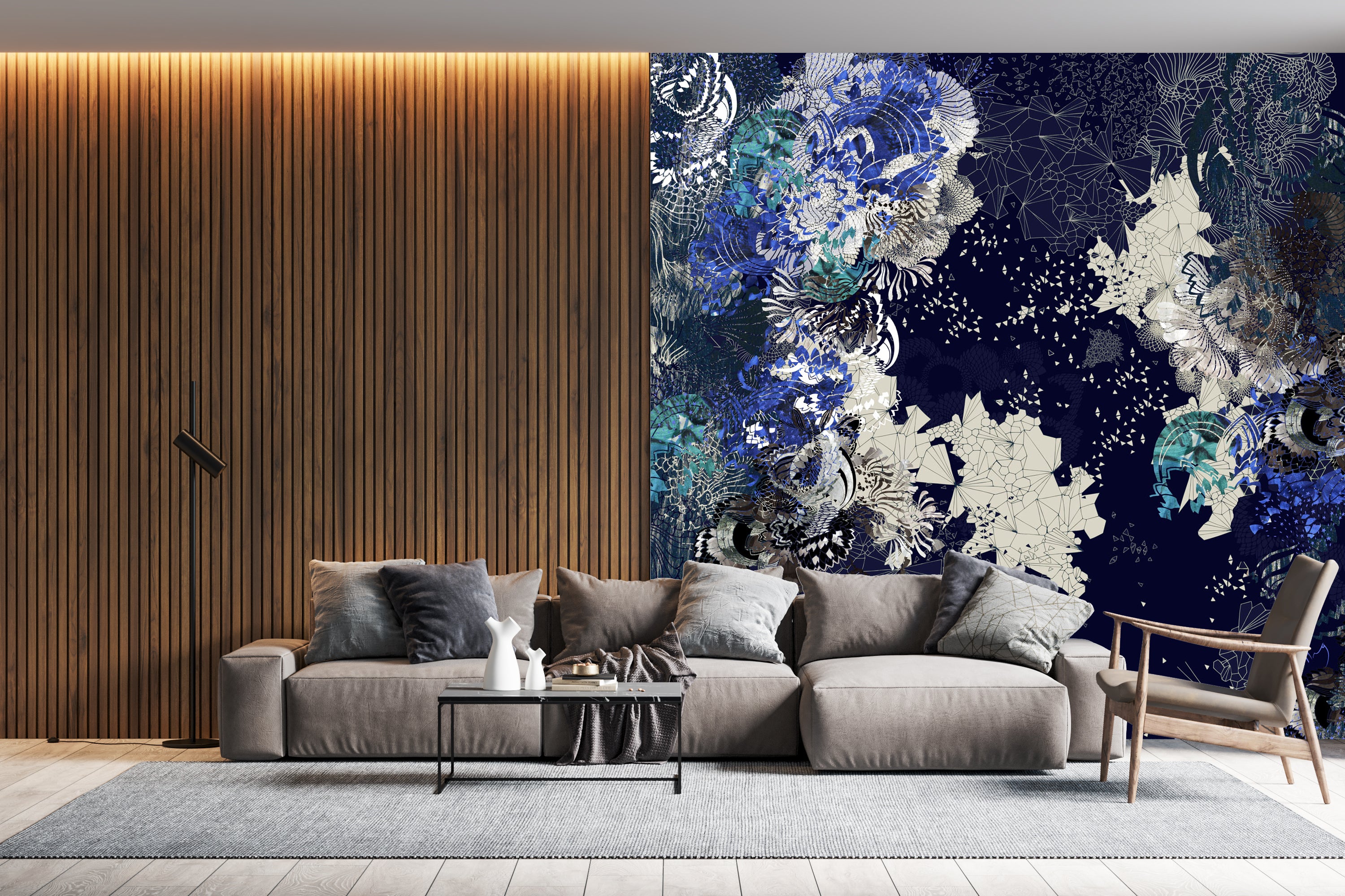 The colette print shown as a mural wallpaper inside a room 