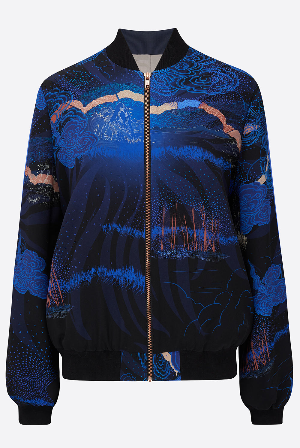 Front of a Silk Bomber jacket with a Japanese landscape in blues and pinks 