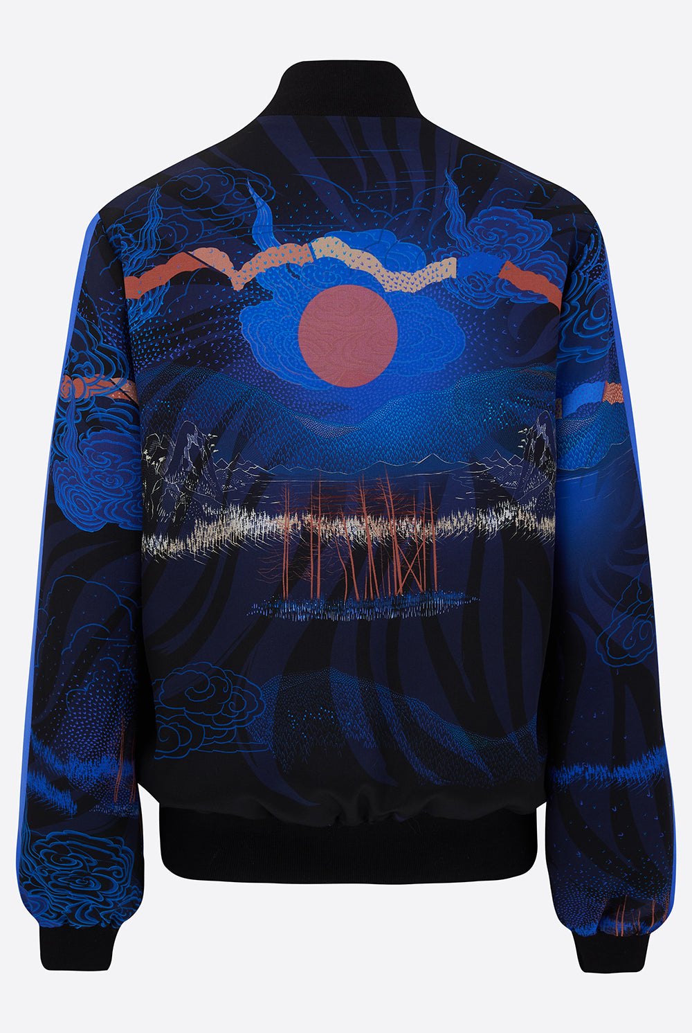 Back of a Silk Bomber jacket with a Japanese landscape in blues and a pink sun