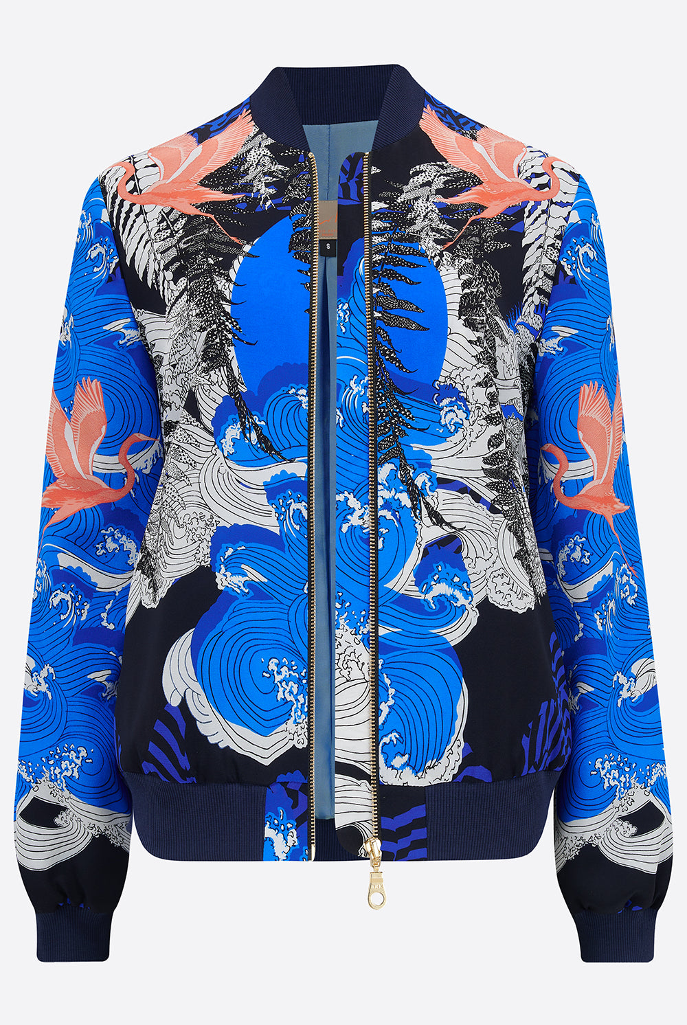 Front of silk bomber jacket un zipped in blue, white and coral with waves and birds design