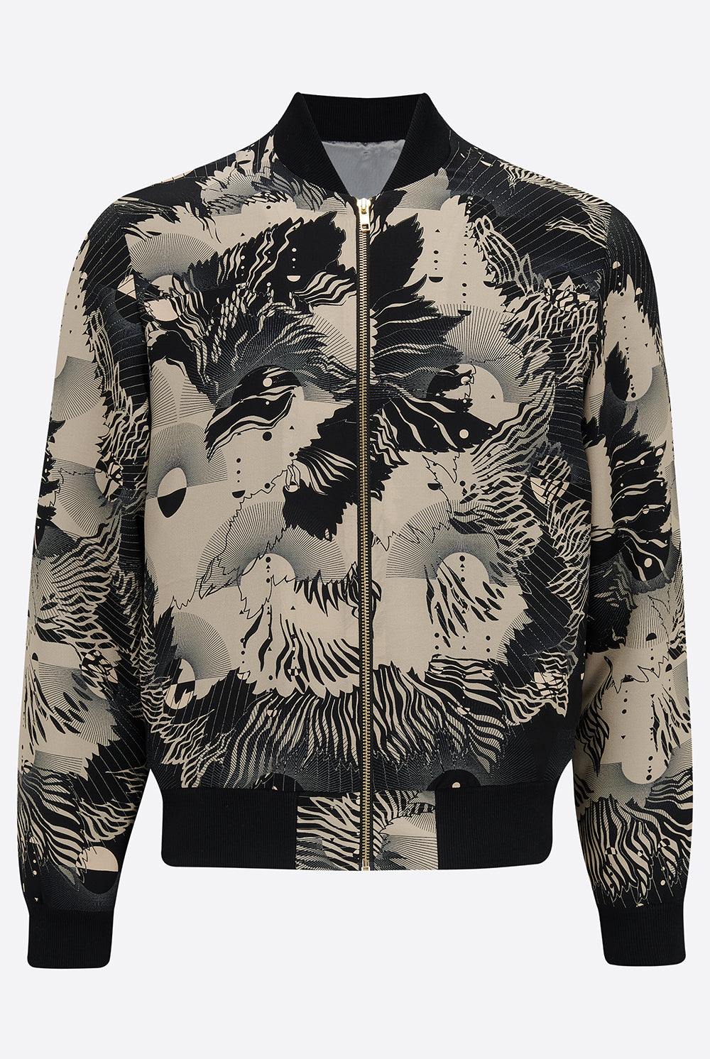 The front of a silk mens bomber jacker in a deep navy and cream print abstract floral print
