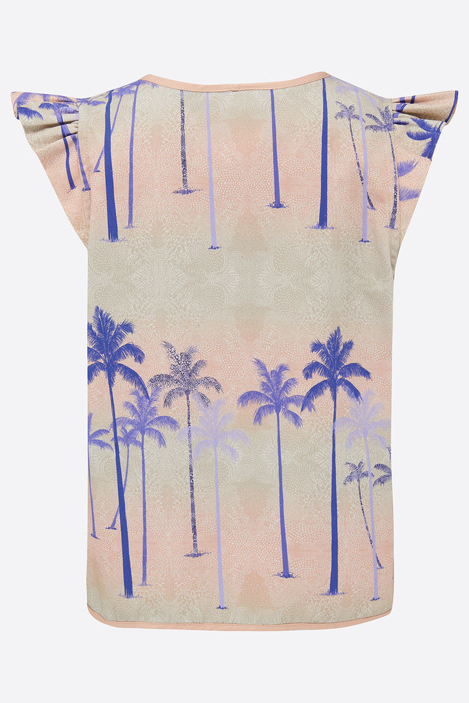 The back of a pink tencel lined waistcoat with a palm tree print