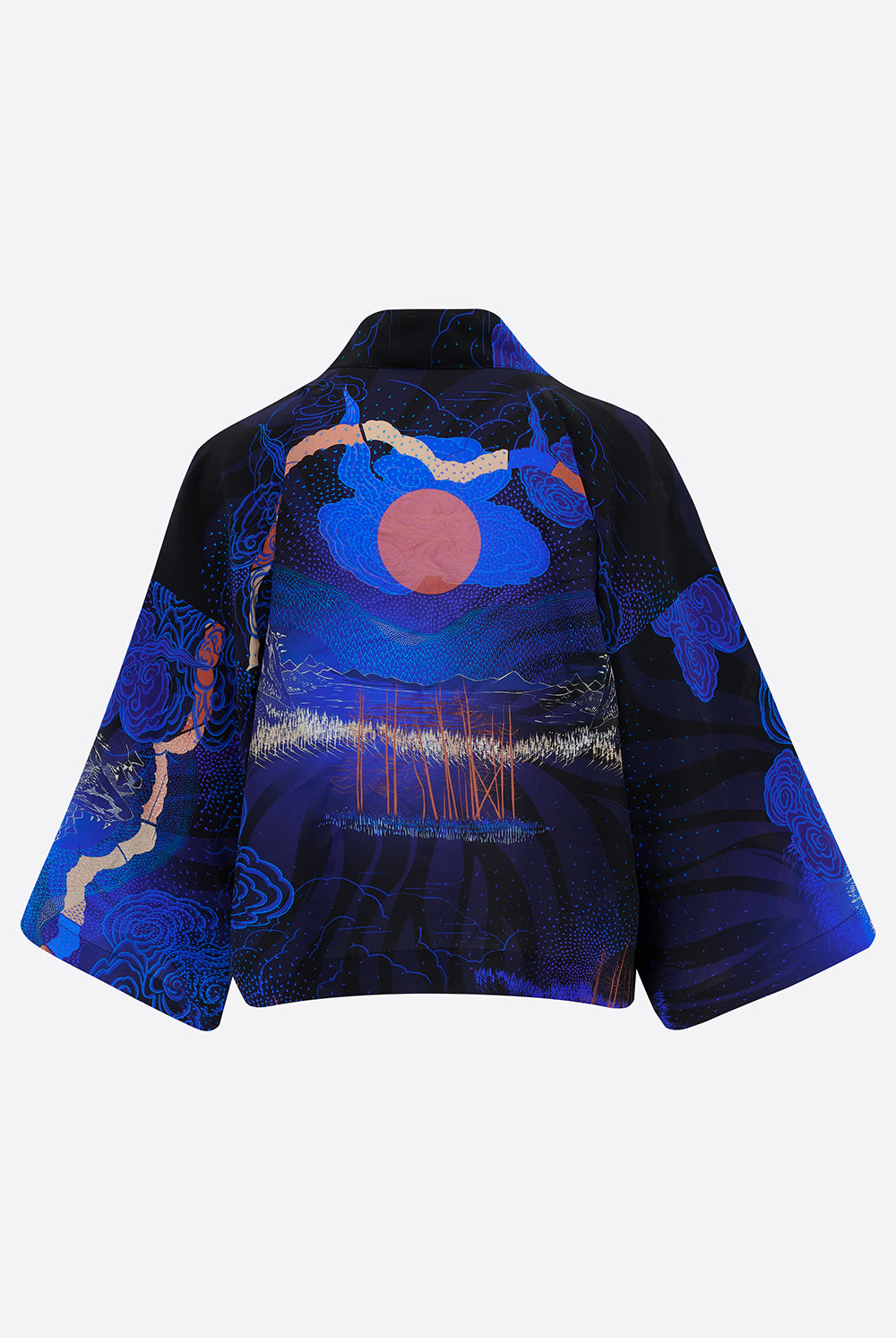 The back of a short Silk Kimono Jacket with Japanese landscapes in blue and sunrise in pink