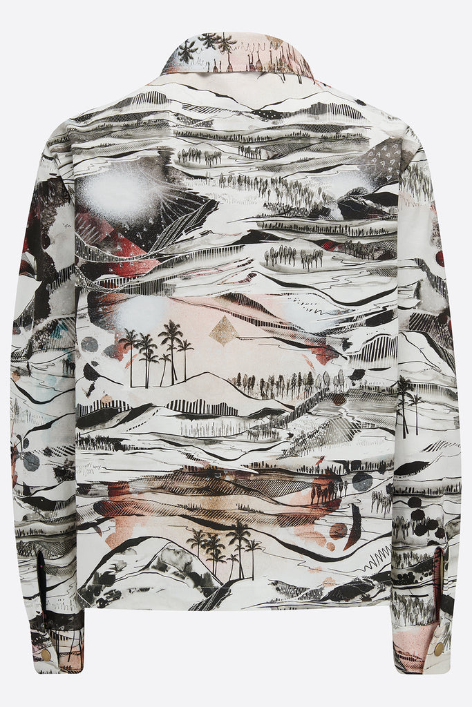 The back of a cotton utility jacket with a hand drawn landscape in black, white and red 