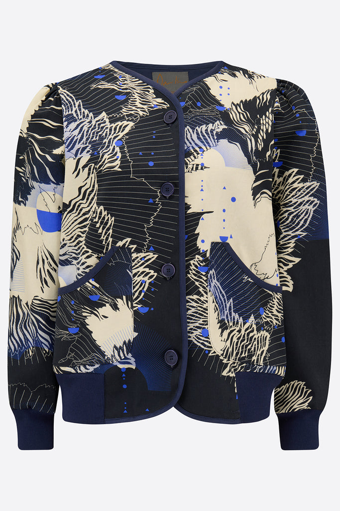 The front of a cotton jacket with an abstract floral print in navy and cream