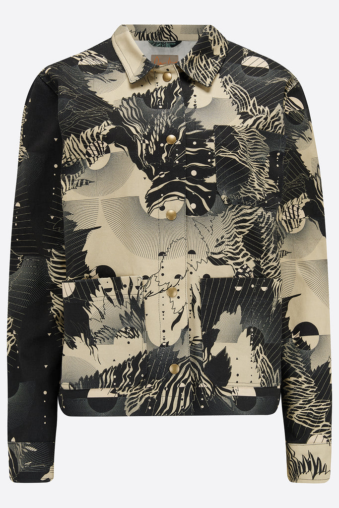 The front of a cotton utility jacket in an abstract floral print in navy and cream