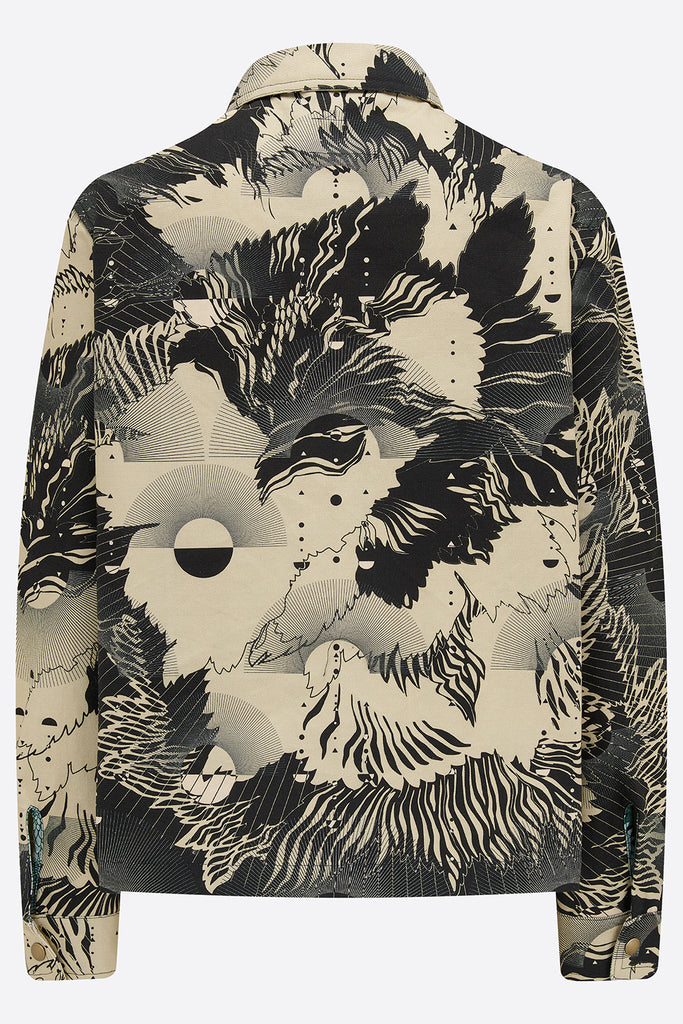 The back of a cotton utility jacket in an abstract floral print in navy and cream
